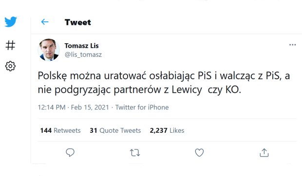 Tweet Tomasza Lisa/ Twitter @tomasz_lis
