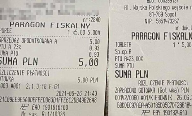 Paragony za skorzystanie z toalety w Sopocie/o2.pl